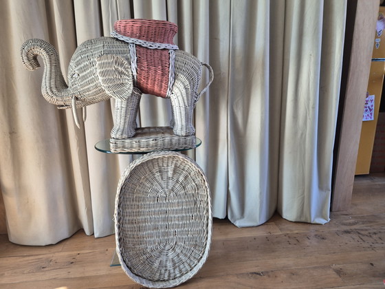 Image 1 of Vintage white and pink wicker elephant