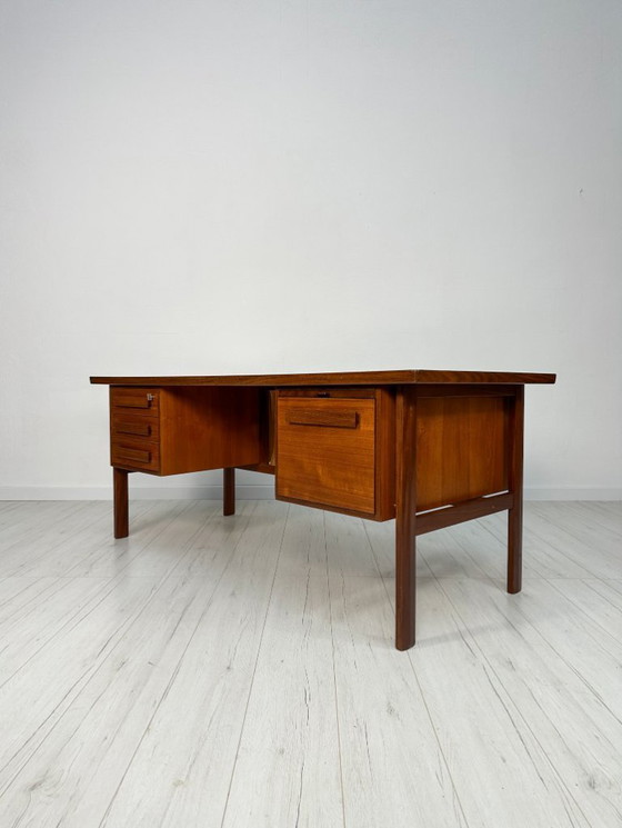 Image 1 of Rare 1960s Danish Teak Freestanding Writing Desk by Peter Løvig Nielsen – Vintage Desk with Shelves & Leather Detail