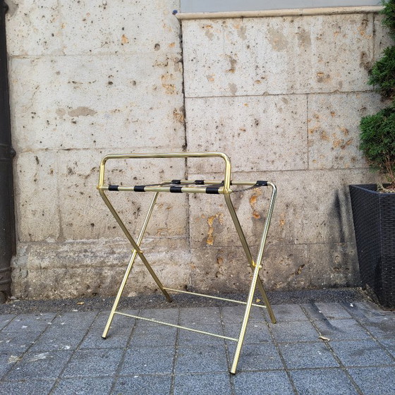 Image 1 of Portavaligie pieghevole per hotel, acciaio placcato oro e tessuto, anni '90 - Francia