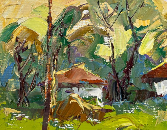 Image 1 of Peinture à l'huile originale, paysage de village d'été, murmures du matin