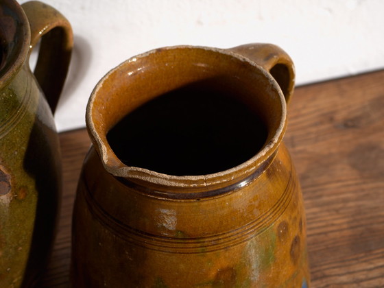 Pair of Antique Glazed Ceramic Jugs, Central Europe, circa 1920 #3, Crockery, Brown (photo 2 of 12)
