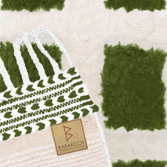 Image 1 of Handgewebter grüner karierter Wollteppich: 3 x 2 Meter