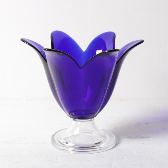 Image 1 of Cobalt Blue Vintage Glass Vase / Mid-century Tulip Flower Vase / Studio Nova / Portugal / 1980s