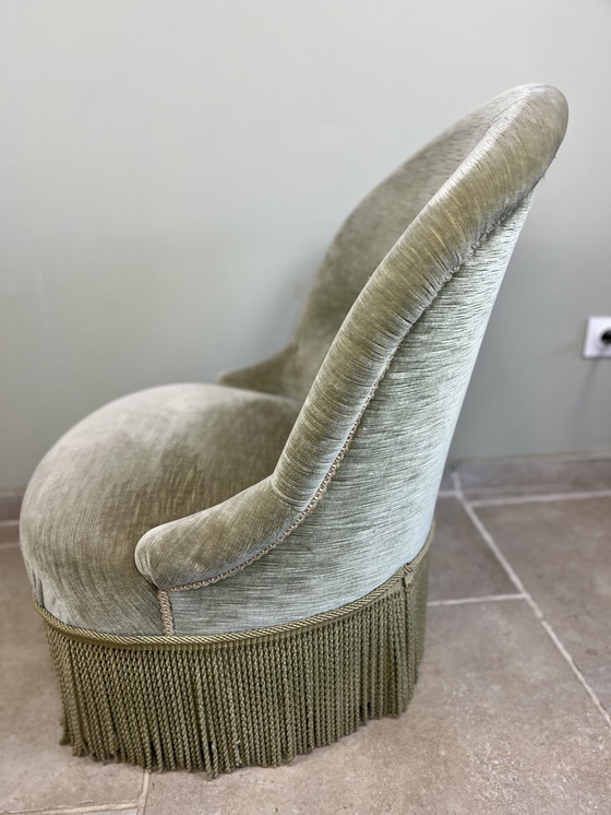 Image 1 of Amandelgroene fluwelen paddenstoelfauteuil