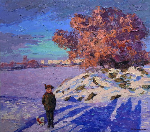 Original Oil Painting Winter Landscape City Outskirts Ice on the River – schilderijen tekeningen, Canvas