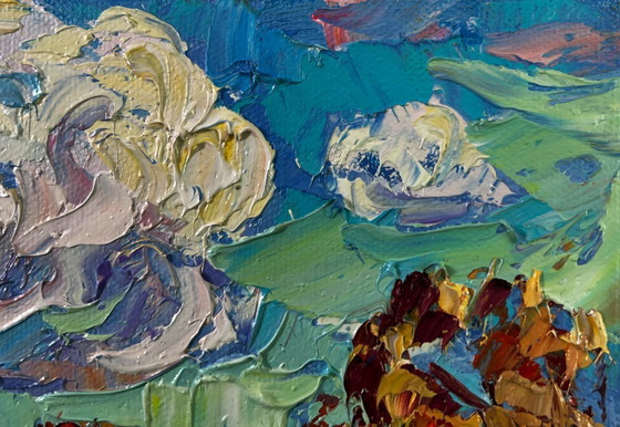 Image 1 of Original Oil Painting Autumn Village Landscape Peace of the sky over the quiet earth