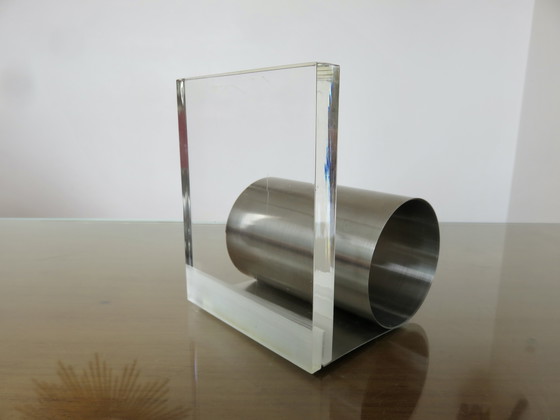 Image 1 of Serre Livre Déroulant Roche Bobois En Plexiglass Et Acier Inoxydable, 1970