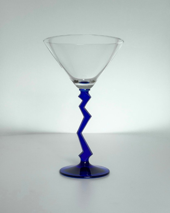 Image 1 of A set of 6 rare Martini glasses with a cobalt blue zig zag stem