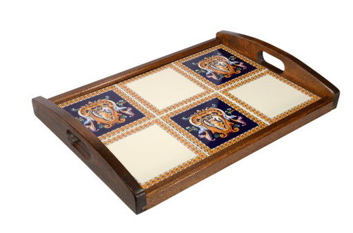 Holztablett mit Gien-Steingutfliesen, Renaissance-Stil, hergestellt in Frankreich, 49 cm – tafelaccessoires, Ceramic, Wood