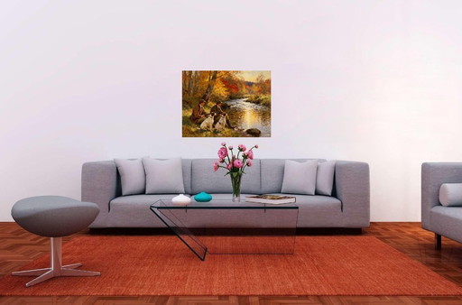 Impressionist painting on acrylic canvas / Moment of relaxation during the hunt / (80x60) cm