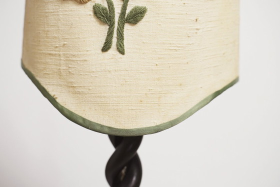 Image 1 of Vintage Carved Wood Barley Twist Lamp with Hand Embroidered Floral Shade and Acanthus Leaf Tripod Feet