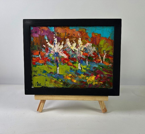 Original Oil Painting Colorful Forest Landscape Flowering trees in the garden