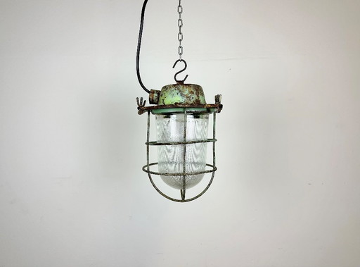 Green Industrial Soviet Bunker Pendant Light with Iron Grid, 1960s