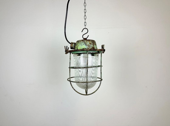 Image 1 of Green Industrial Soviet Bunker Pendant Light with Iron Grid, 1960s