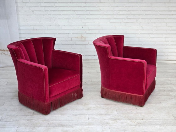 Años 60, Sillón Relax danés, Terciopelo de Mueble Rojo, Patas de Madera de Fresno. – Sillones, Velvet, Wood (photo 6 of 25)