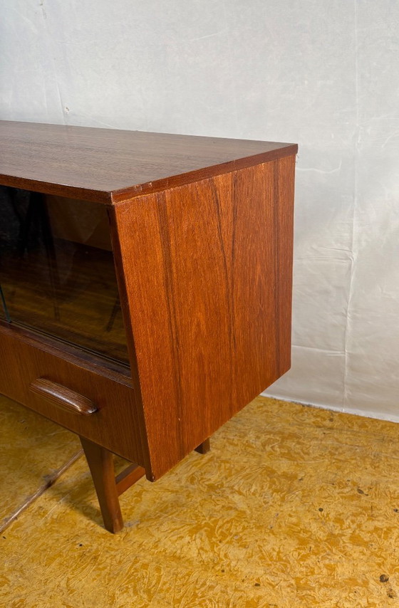 Image 1 of Mid-Century Retro Vintage Teak Small Sideboard by Jentique 1960s  Sliding Glass Doors • Elegant Danish Influence • Perfect Compa