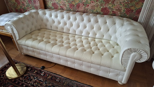 Chesterfield Bank + Fauteuil + Voetenbank – 3 5 zitsbanken, Leather, Wood