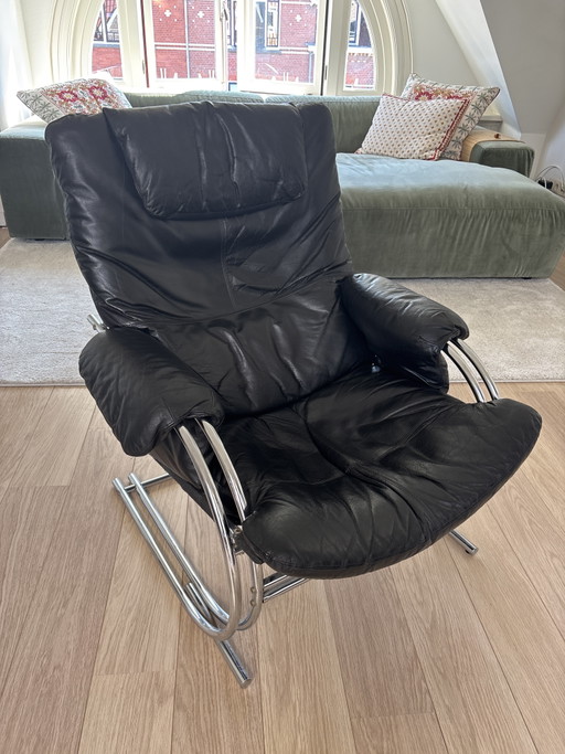 Fauteuil inclinable/salon vintage en cuir avec structure chromée – Chrome, Leather