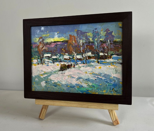 Original Oil Painting Winter Village Landscape Returning home with hay
