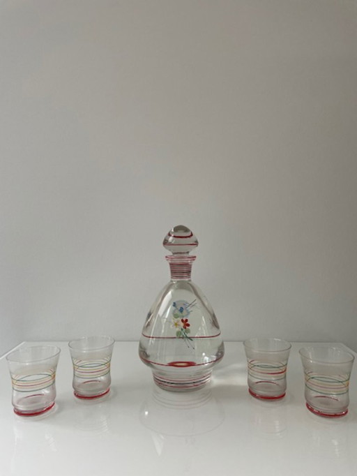 Set da liquore Art Déco: caraffa con 4 bicchieri (1930)