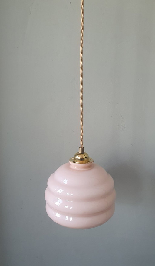 Lampada a sospensione vintage Art Déco in opale rosa tenue