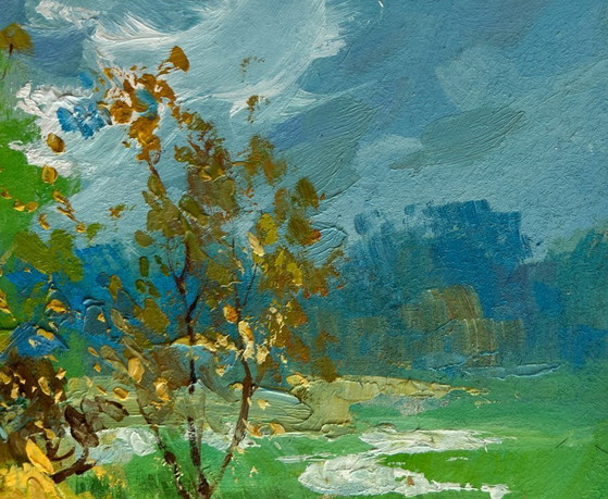 Image 1 of Original Oil Painting Summer Field Landscape Walking among flower fields