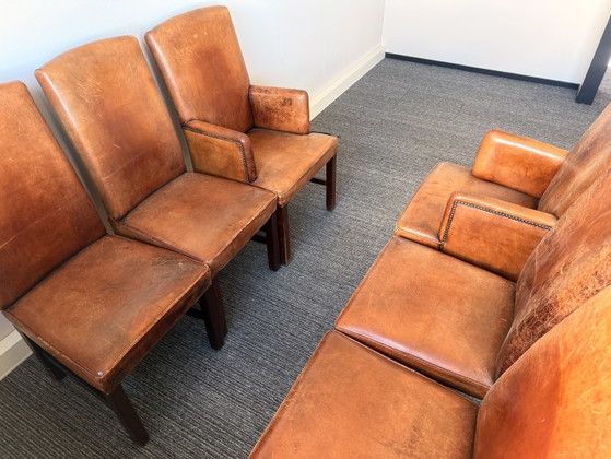 Set 6 Vintage Sheepskin Leather Dining Chairs Cognac (photo 2 of 6)