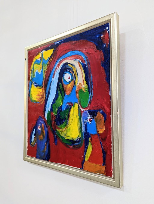 Abstract expressionistisch olieverfschilderij op doek van Finn Pedersen, jaren 1990
