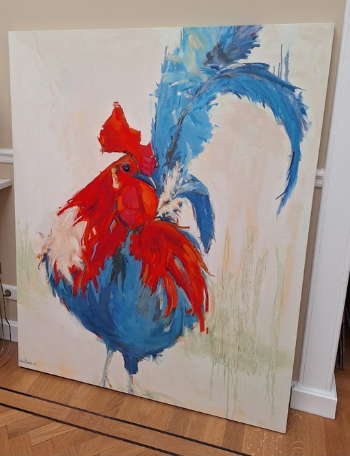 Large painting of blue and red rooster