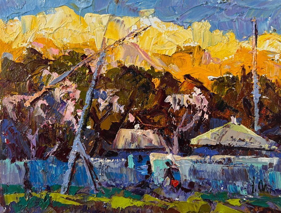 Image 1 of Pintura al óleo original Paisaje otoñal de pueblo Sombras del atardecer