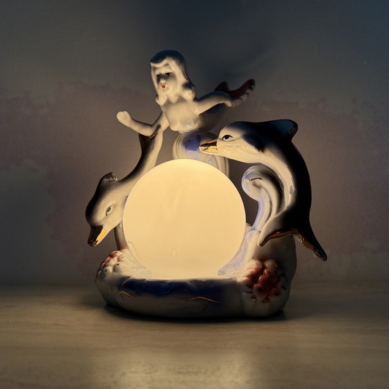 Image 1 of Dolfijn en zeemeermin Kleurrijk keramiek Vintage Tafellampje, 1970