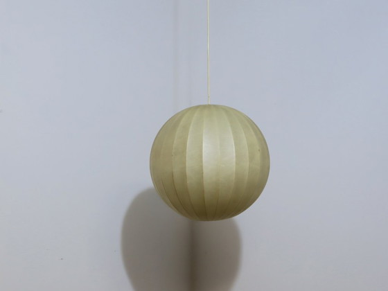 Image 1 of 1970s Italian Cocoon Globe Pendant Lamp with teak details
