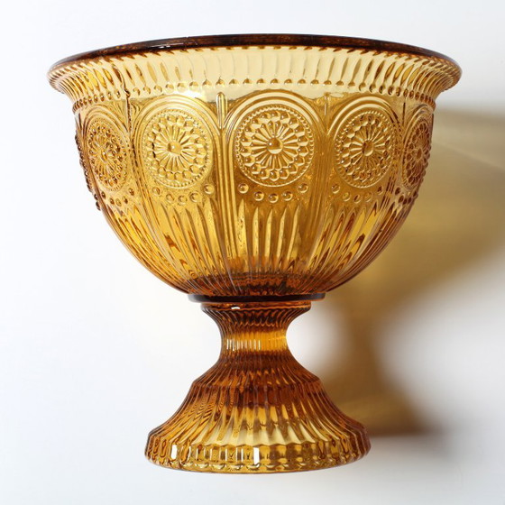 Image 1 of Ciotola con piedistallo color ambra, stile metà secolo / Moderno Vintage / Godinger / USA / Anni '90