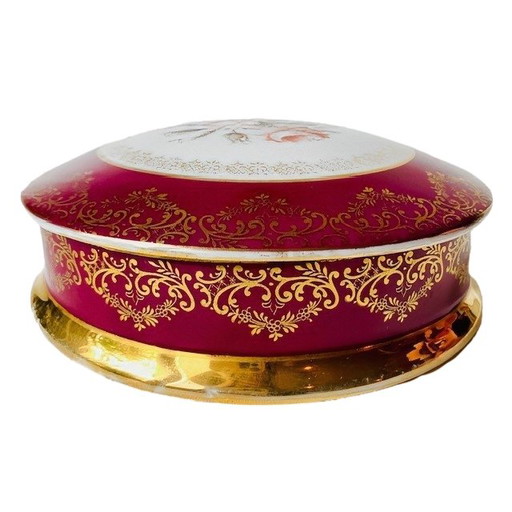 Vintage XL Limoges bonbonnière Blumen rubinrot Blattgold 1970er