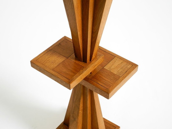 Image 1 of Two Unique Mid-Century Standing Ashtrays Consisting of Red Alabaster Cup with Beautiful Wooden Stand with Shelves