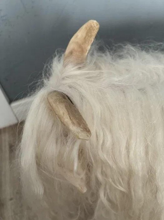 Handcrafted Goat Sculpture, Carved Wood and Natural Wool, Mid-20th Century, White, Rustic (photo 6 of 6)