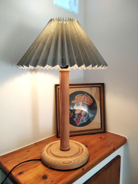 Image 1 of Vintage Wooden Table Lamp With New Pleated Lampshade, 80’s Hungary