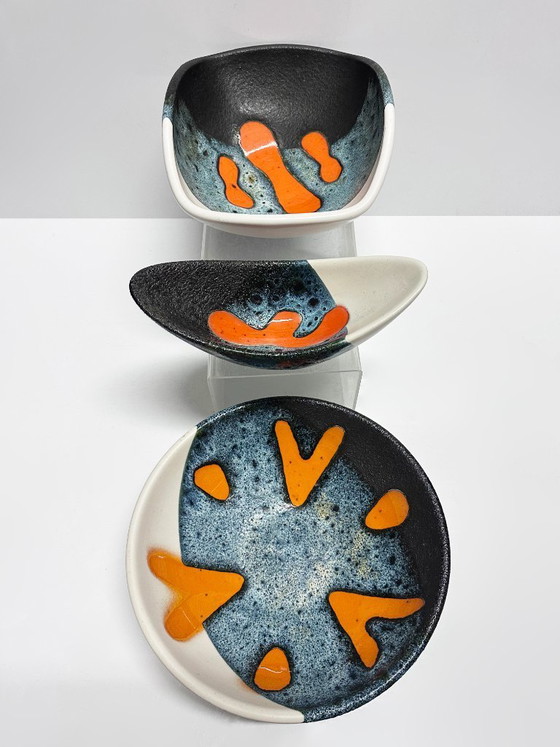Image 1 of Raro set di tre ciotole in ceramica, Elchinger Atelier. Francia, 1950.