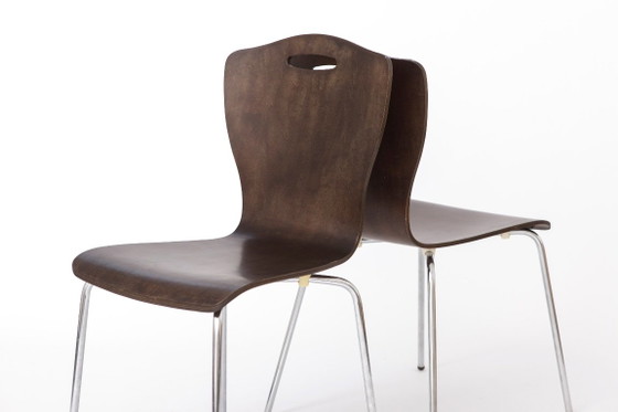 Een paar vintage multiplex eetkamerstoelen, Duits design uit de jaren 80, metalen poten, mid-century modern (photo 6 of 11)