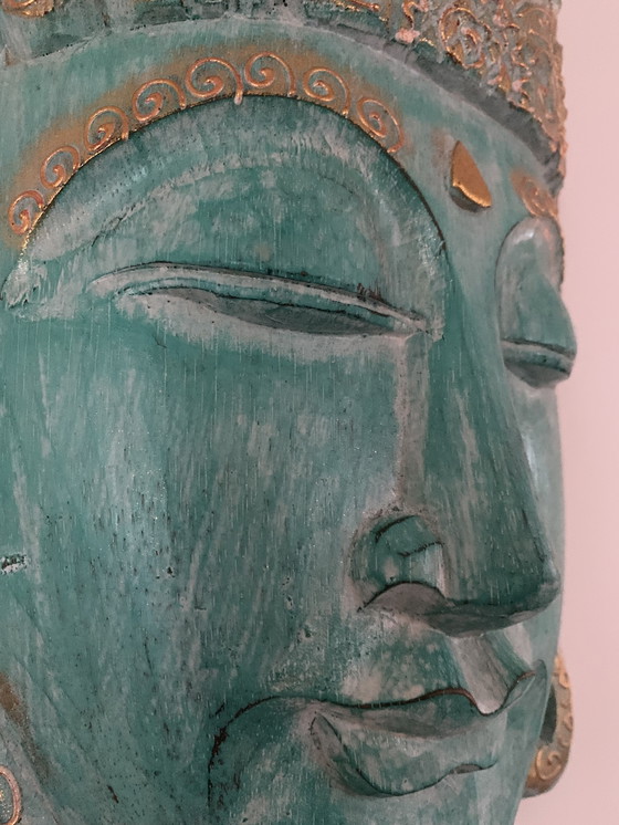 Image 1 of Buddha head wood blue-green and gold