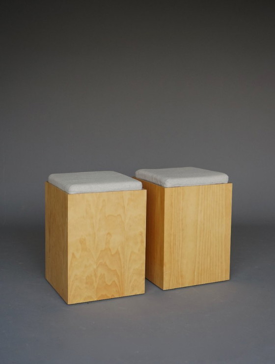 Image 1 of Minimalistische multiplex krukjes met kussens, jaren 90, set van 4