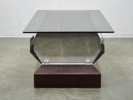 Table basse italienne en chrome, verre fumé et bois, années 70, style Willy Rizzo – Tables basses, Wood (photo 10 of 13)