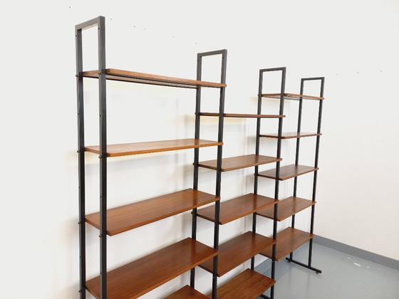 Image 1 of Vintage Italian triple modular bookcase in teak and metal from the 1960s
