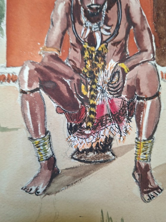 Image 1 of  Original Mangbetu Figure Watercolor– Attributed to Marie Louise Stradiot-Bougnet