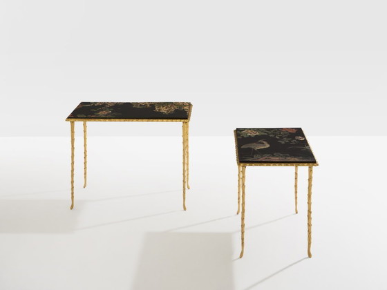 Image 1 of Maison Baguès foliage gilt bronze chinoiserie lacquered side tables 1950s