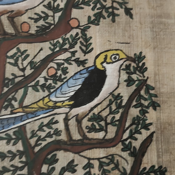 Image 1 of Vintage Hand-Painted Egyptian Papyrus Artwork with Birds – Framed