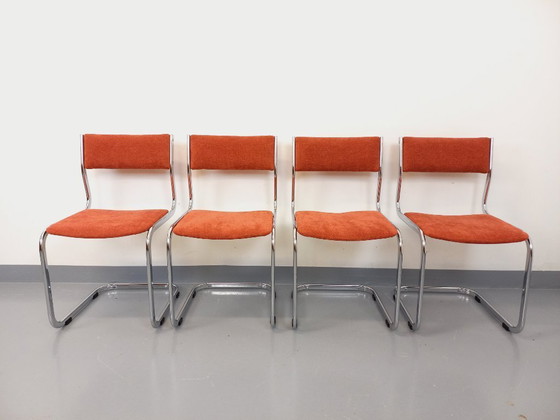 Image 1 of Suite of 4 vintage cantilever chairs in chromed metal and fabric from the 70s