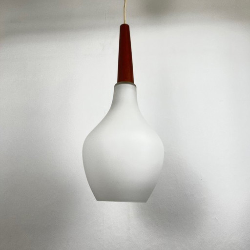 Scandinavian opaline and teak pendant light, midcentury modern