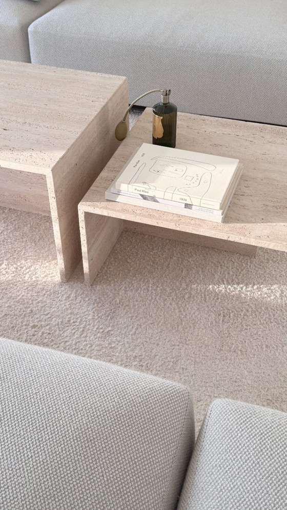 Image 1 of Set of 2 travertine side tables - Design natural stone tables in minimalist style