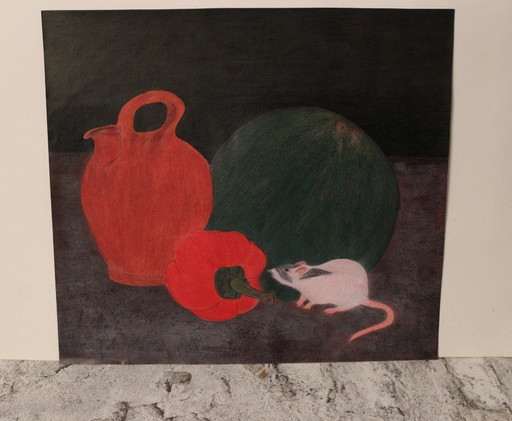 Artist's painting: interesting still life with a rat as the main subject among melon, pepper and water jug, unique piece